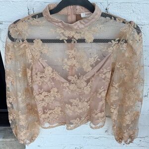 Peach Couture Blush Lace Overlay Long Sleeve Blouse